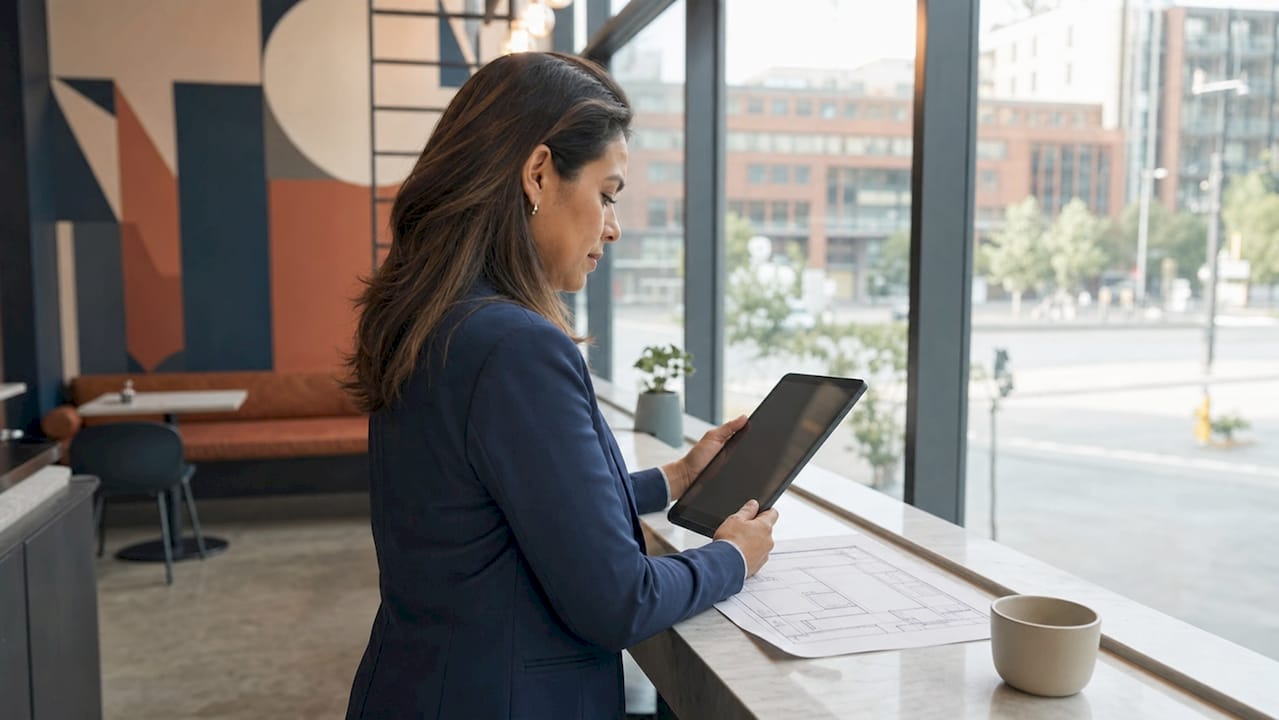 Project manager using ERP system in office
