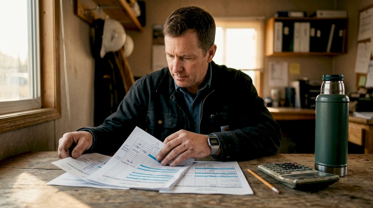 Foreman reviewing budget documents with calculator