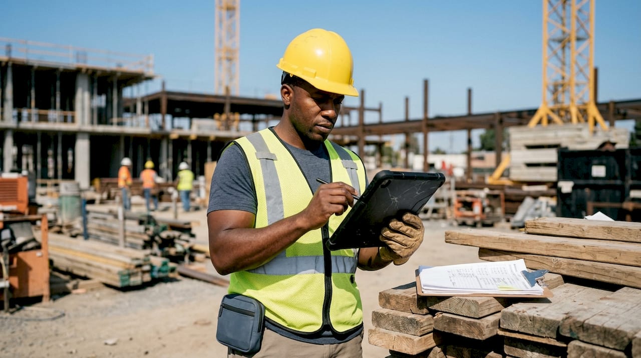 Site supervisor using tablet for project analytics