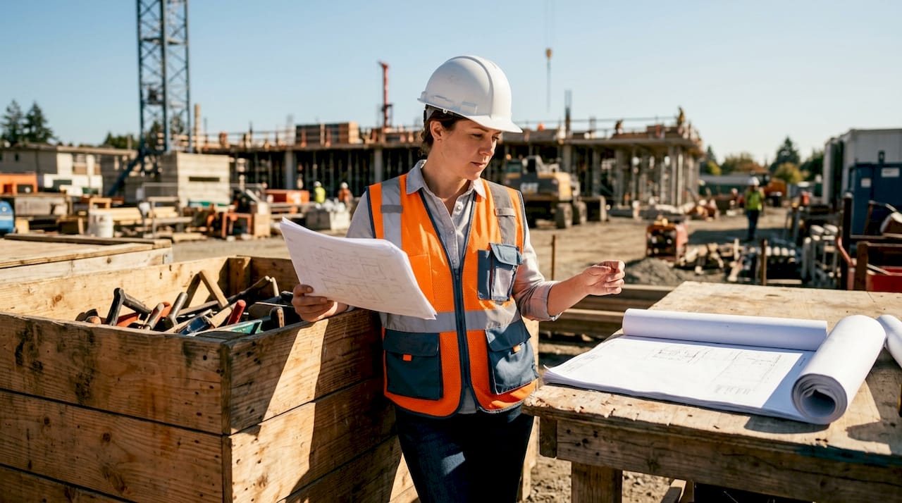 Project manager reviewing workforce plans at construction site office
