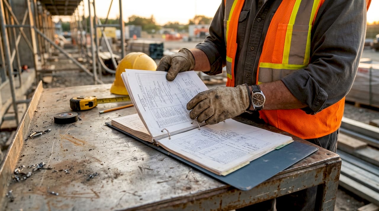 Hands with tablet and BIM blueprints on construction table