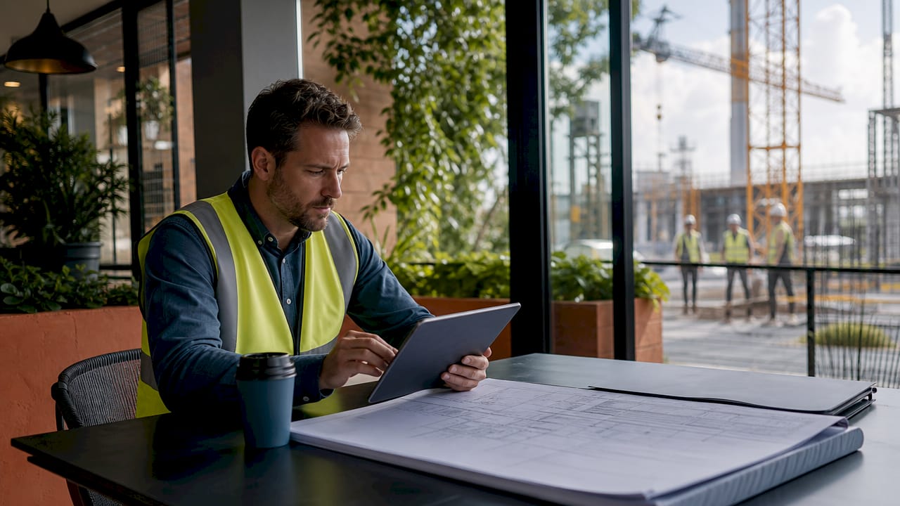 Construction manager using tablet in site office