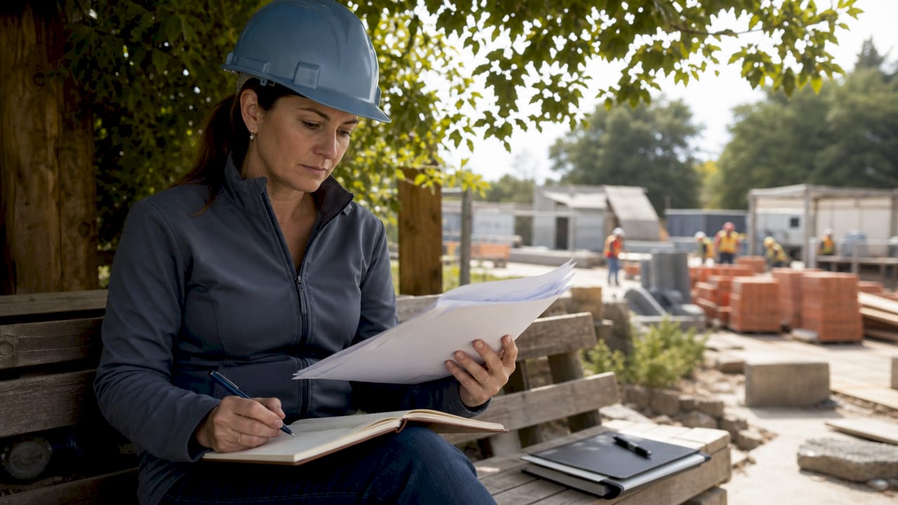 Scheduler reviewing printed construction schedules outdoors