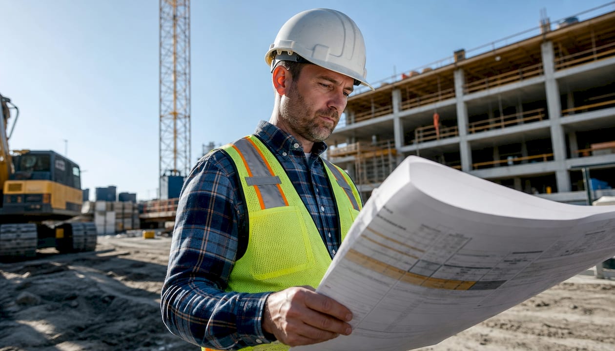 Contractor reviewing workflow charts at desk