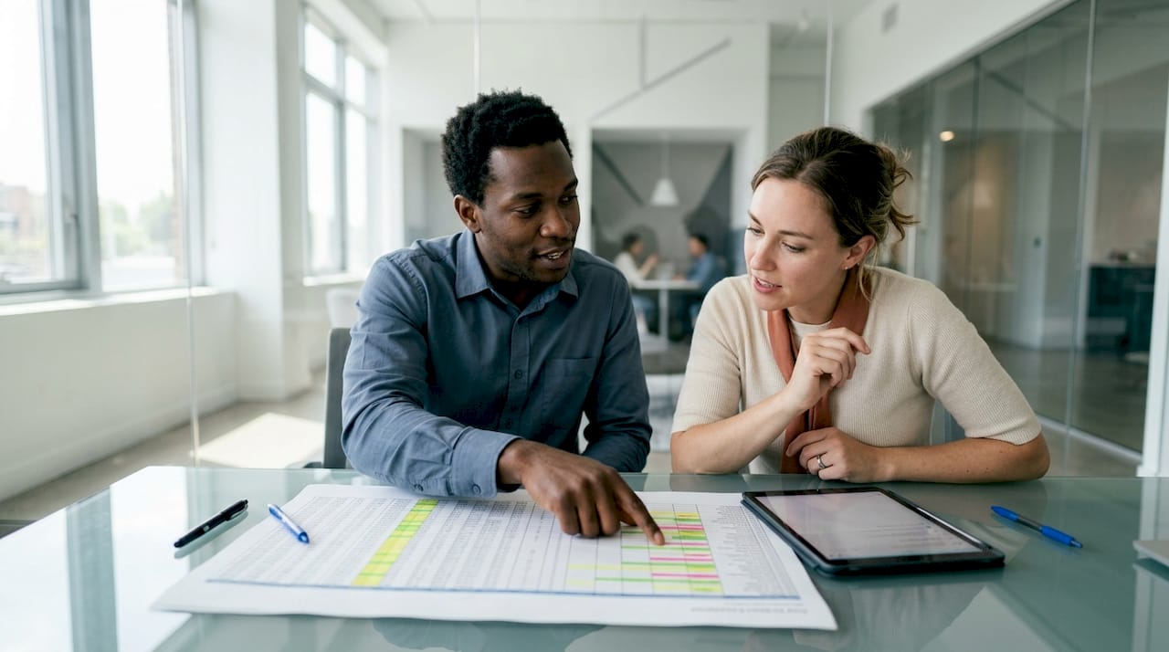 Engineers discussing project budget spreadsheet