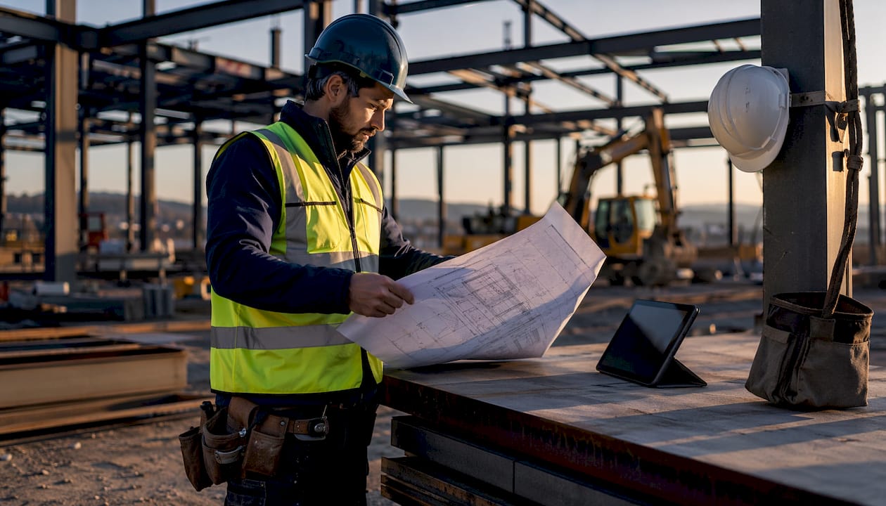 Construction manager reviewing AI-assisted plans