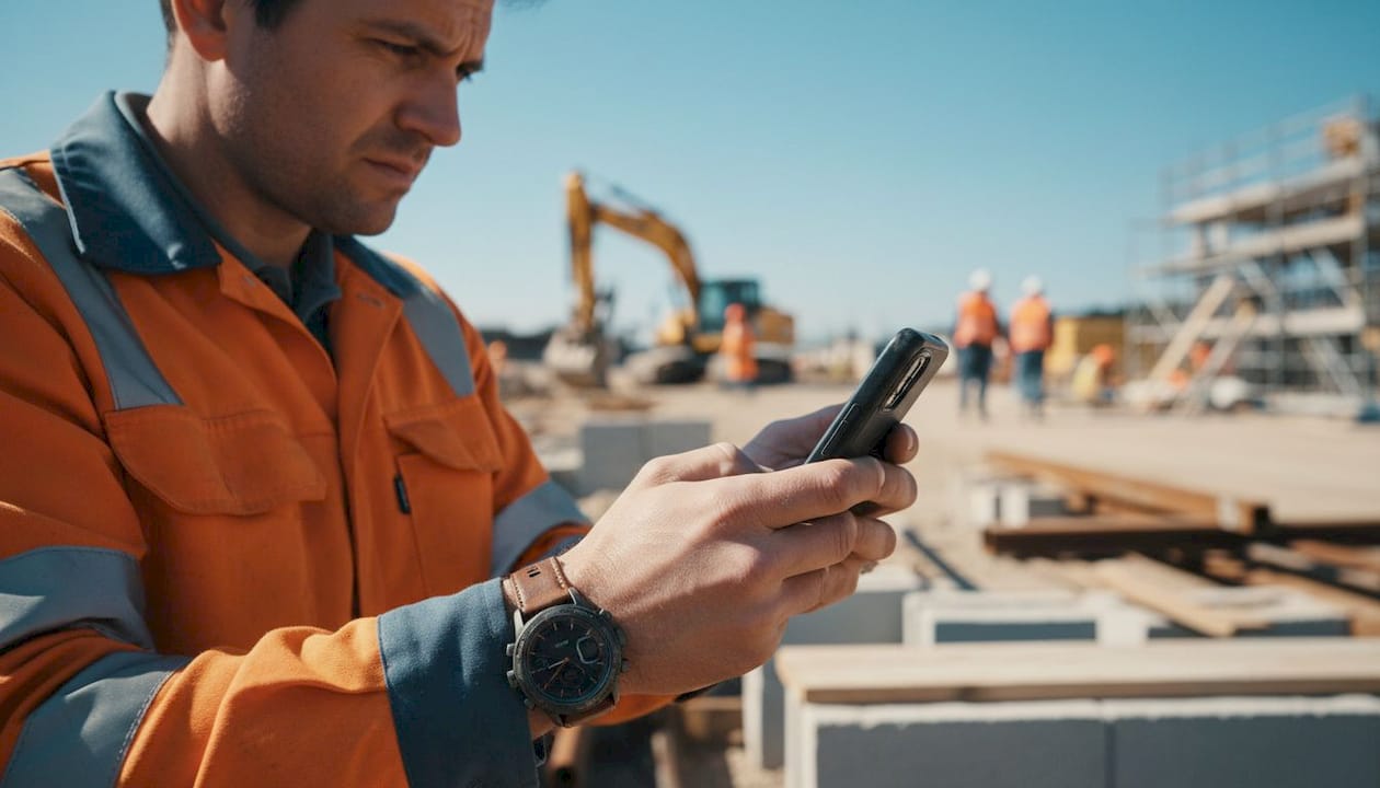 Technician using mobile app at construction site