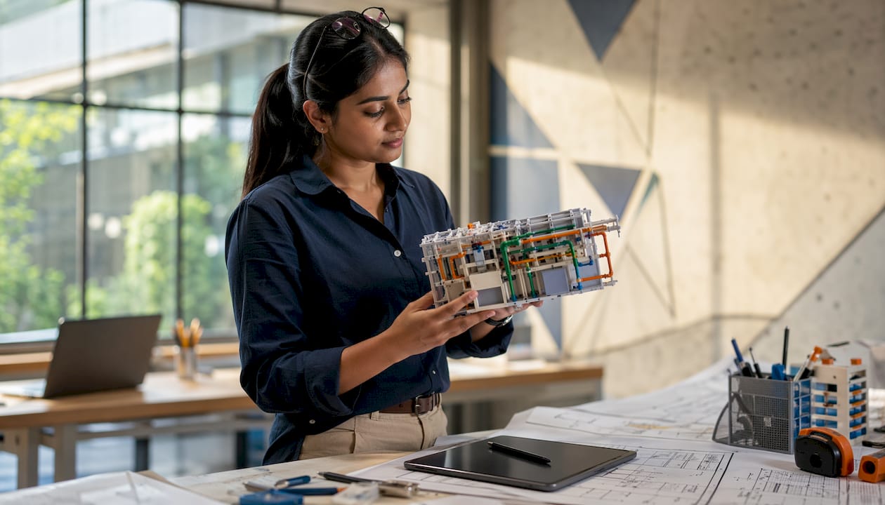 Engineer examining 3D BIM model at desk