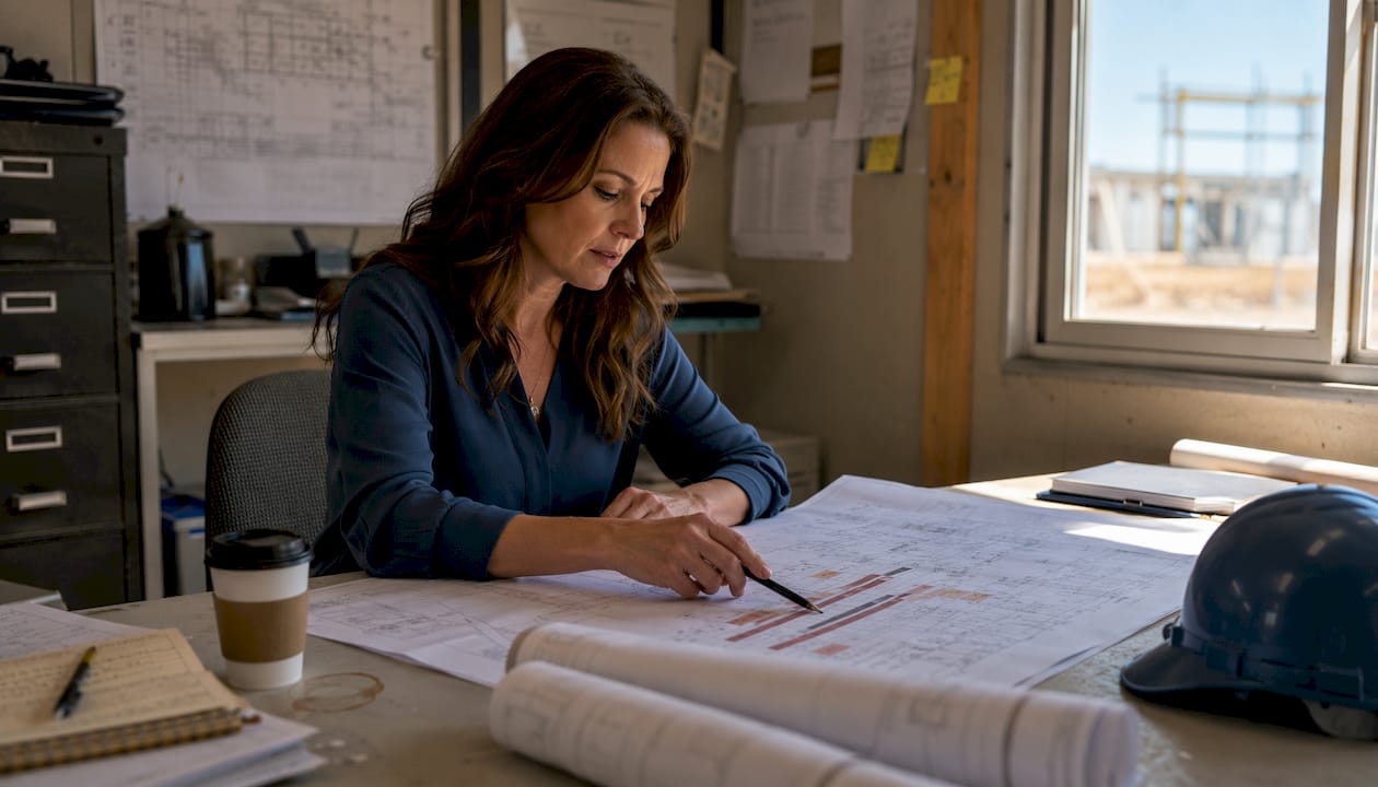 Project manager reviewing printed construction schedule