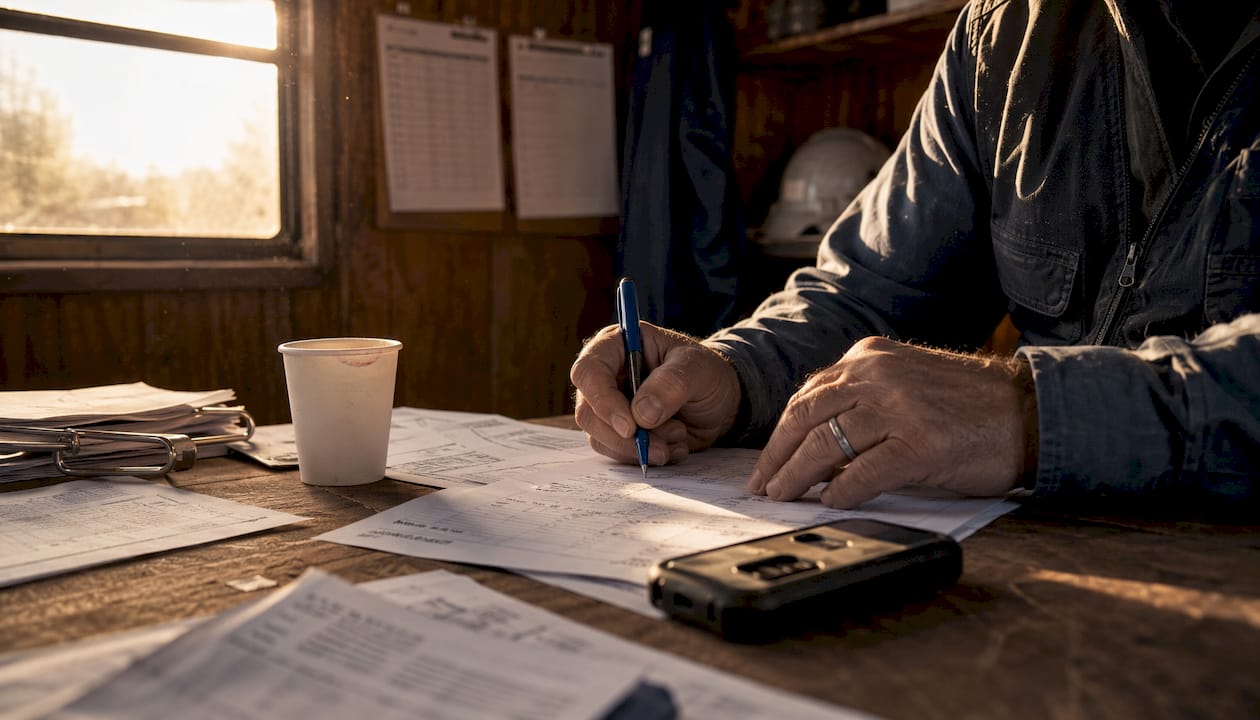 Hands writing change order log on desk with construction papers