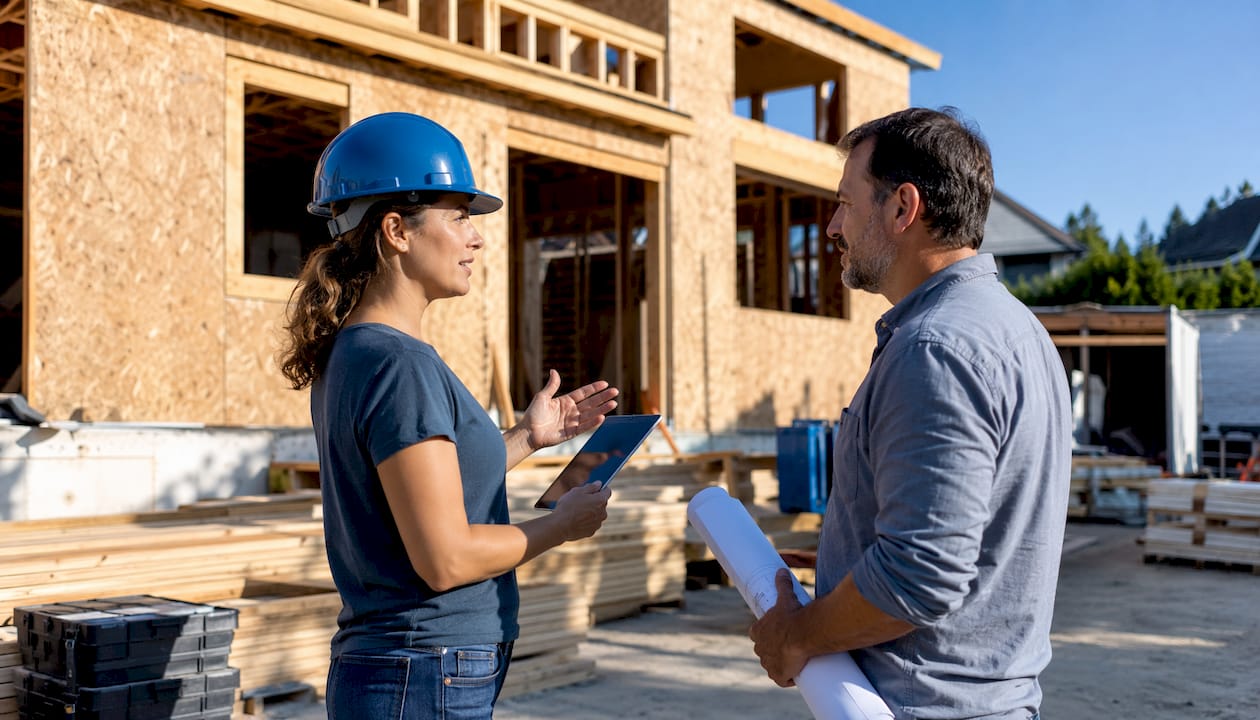 Two SMB construction leaders discussing project onsite