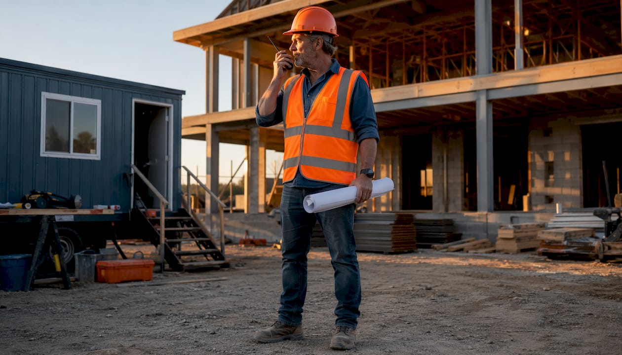 Site supervisor managing small construction project outdoors