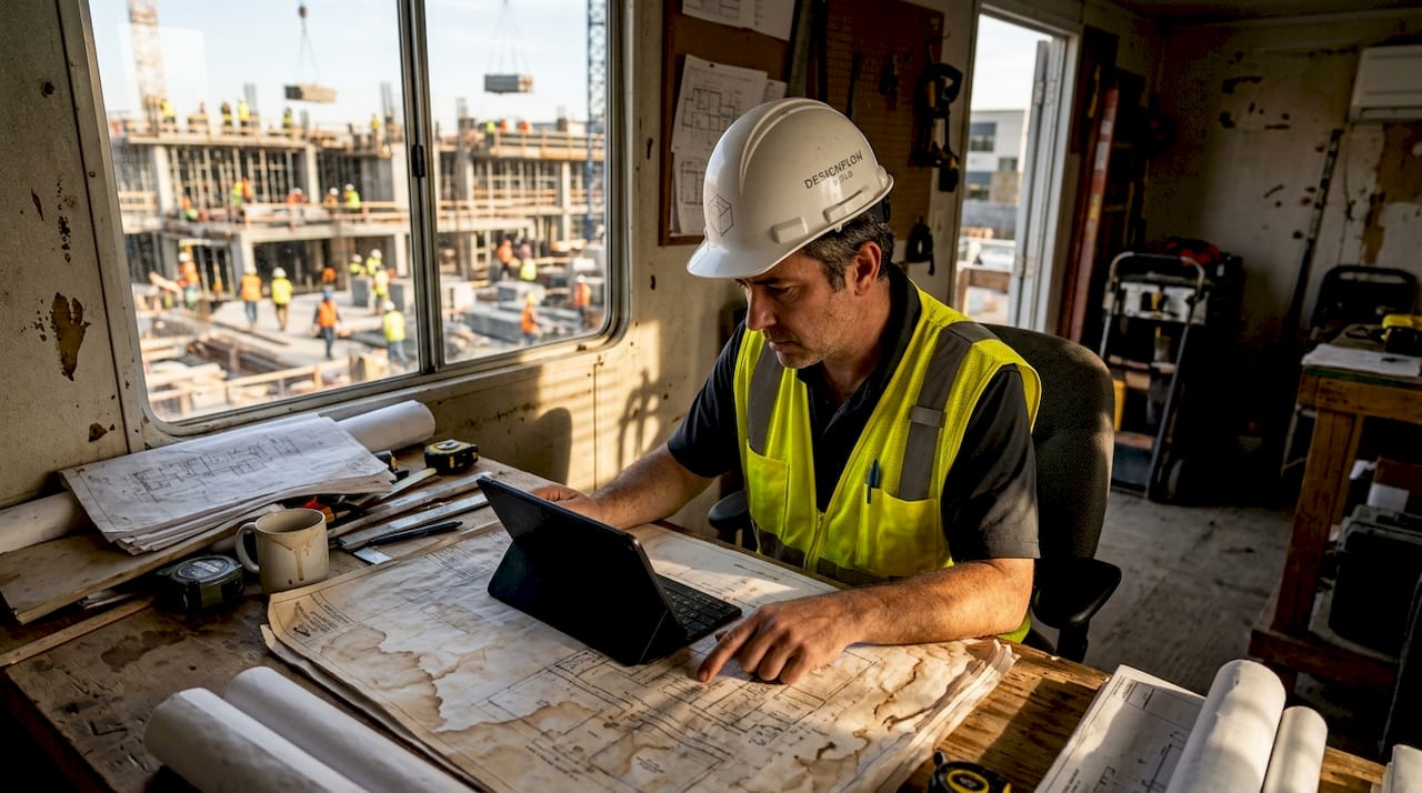 Construction manager using tablet on site