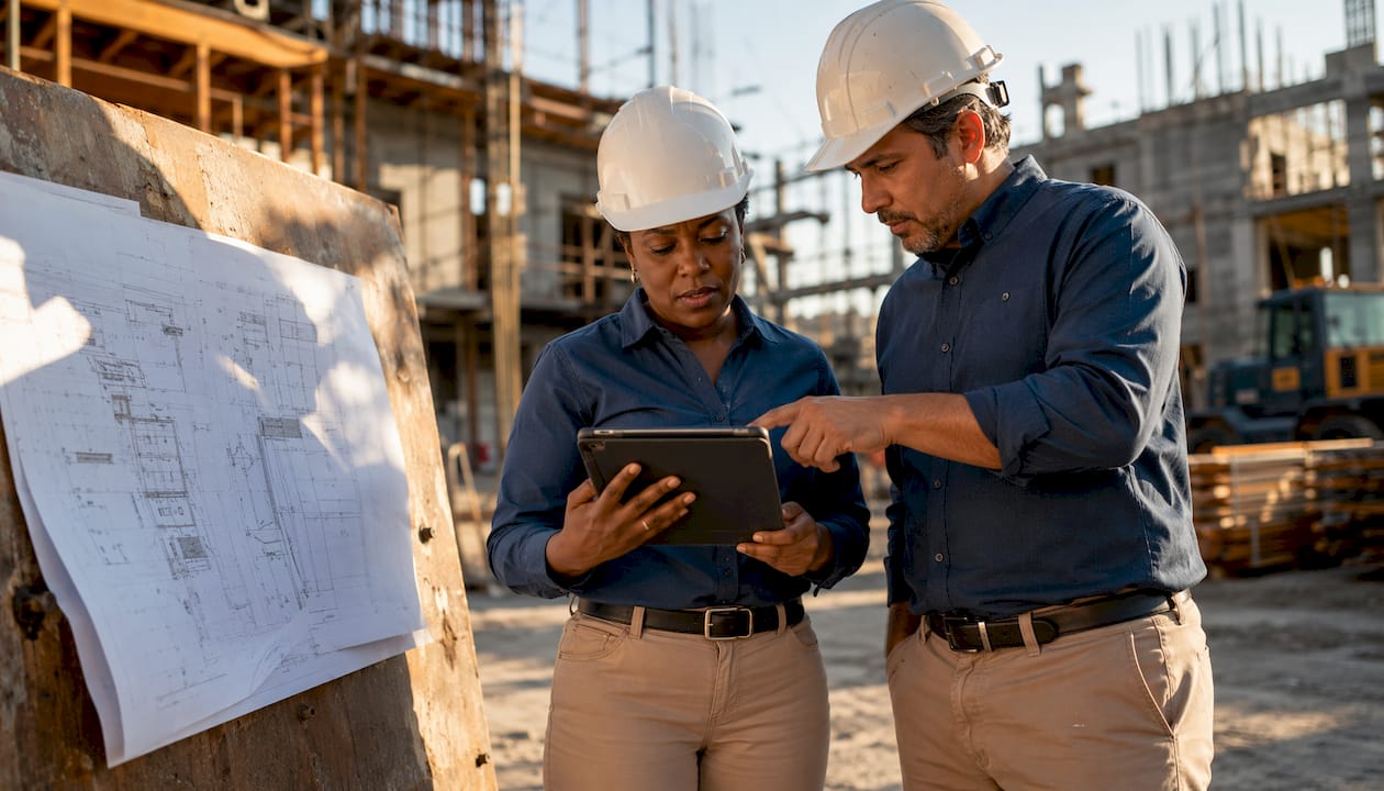 Two managers using tablet discussing software