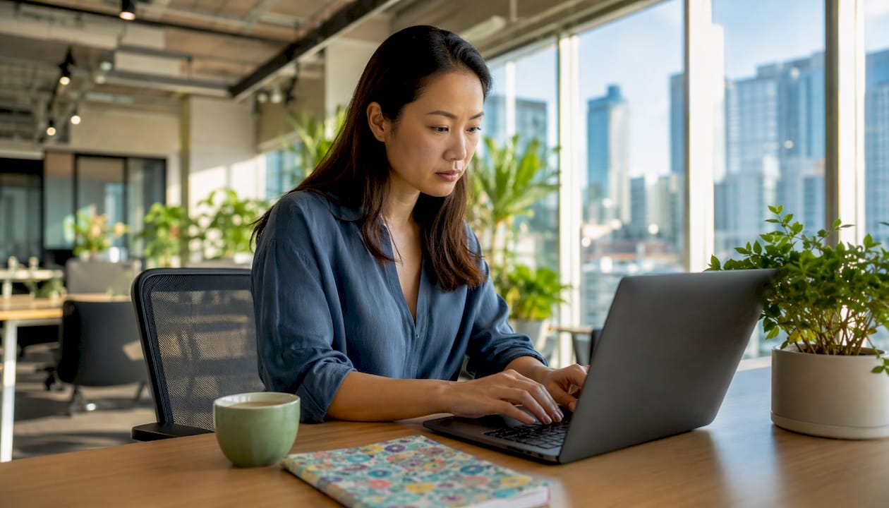Hands typing on laptop in tech workspace