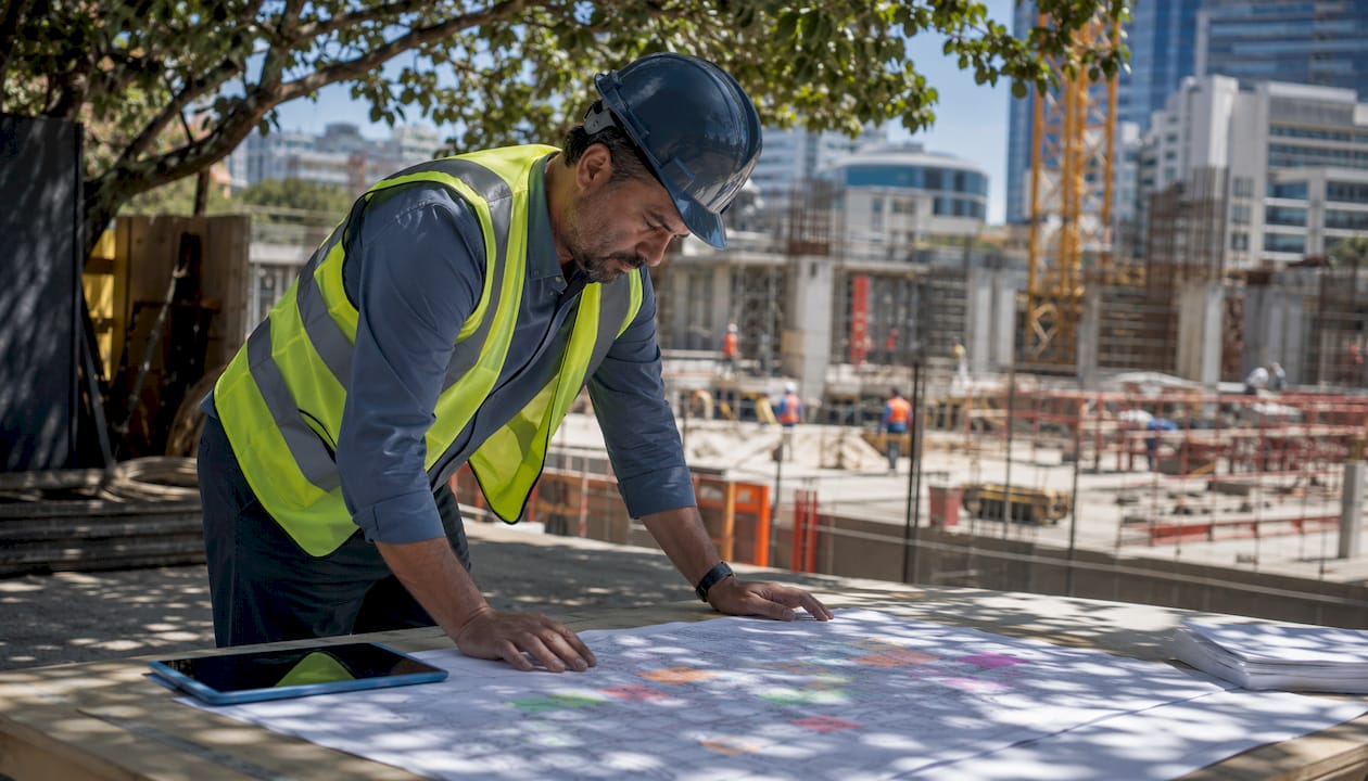 Project manager reviewing schedules at construction site office