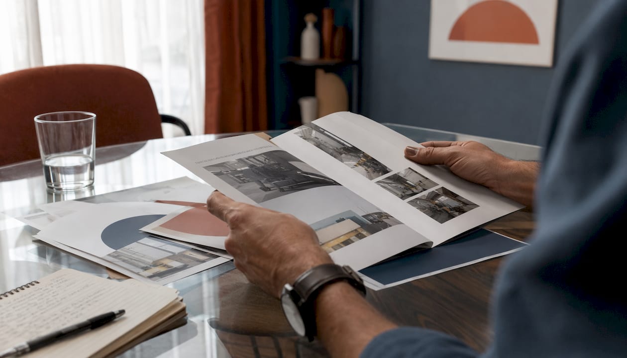 Overhead view of contractor comparing ERP brochures