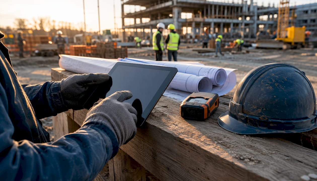 Hands using tablet and tools at commercial construction site
