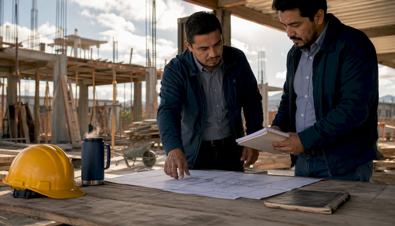 Engineers discussing construction workflow diagram