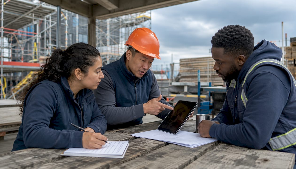 Automation contractor coordinating team on construction site