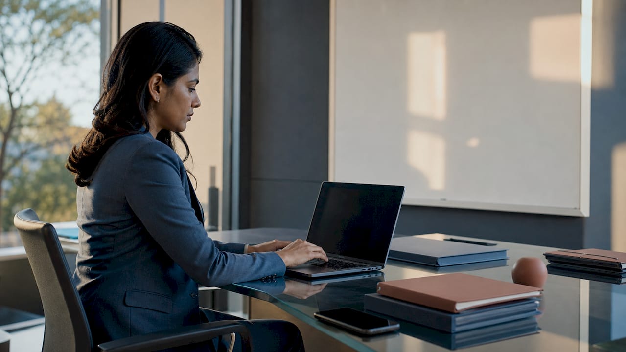 Hands typing on laptop with project binders nearby