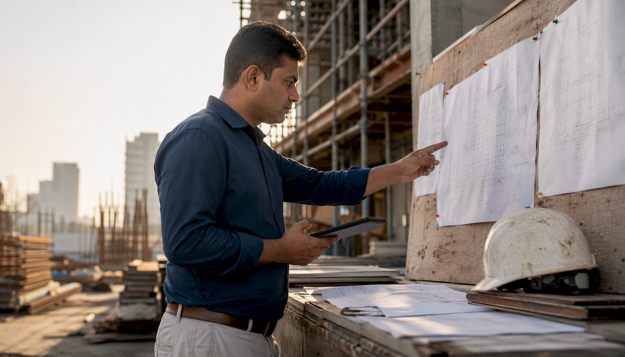 MEP contractor reviewing plans with ERP tablet