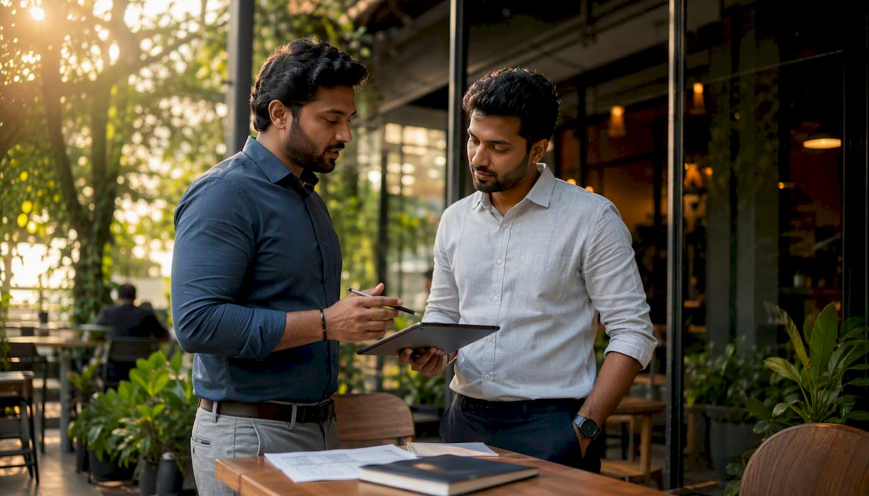 Two professionals discussing construction ERP software