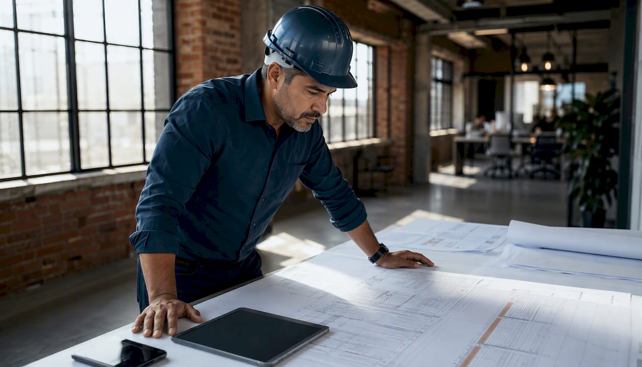 Project manager reviewing MEP schedules at table