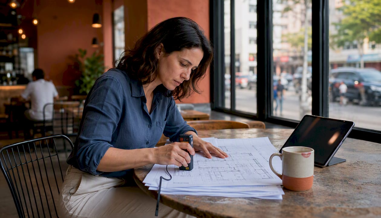 Engineer reviewing technical drawings at drafting table