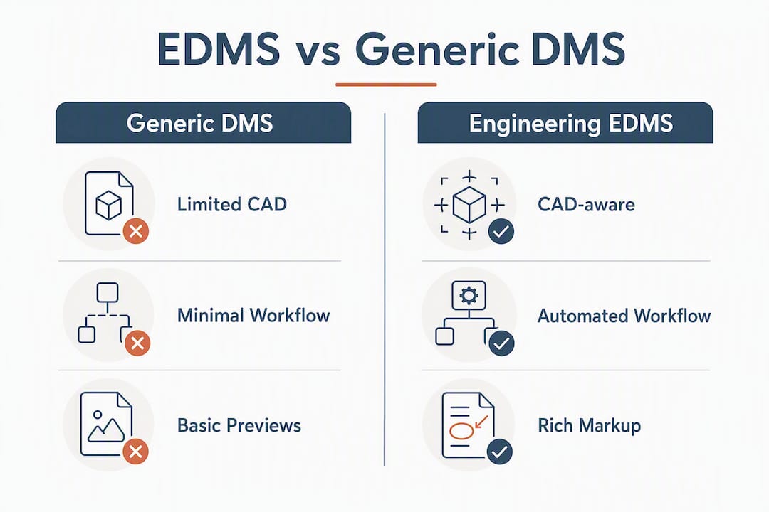 Infographic comparing EDMS and generic DMS features
