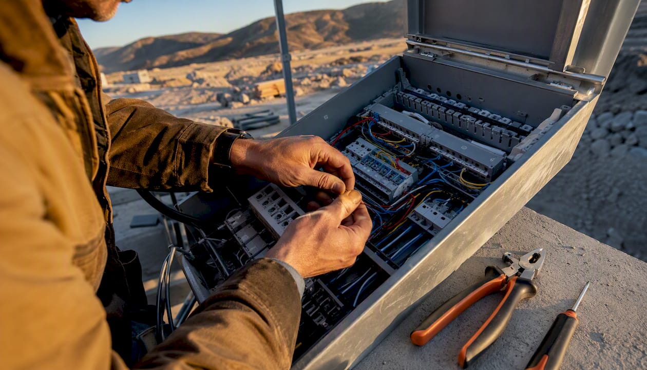 Field technician wiring electrical junction box on site