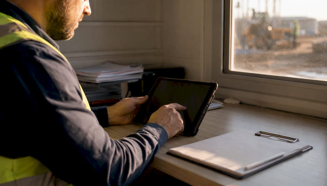 Hands juggling devices in cluttered construction site office