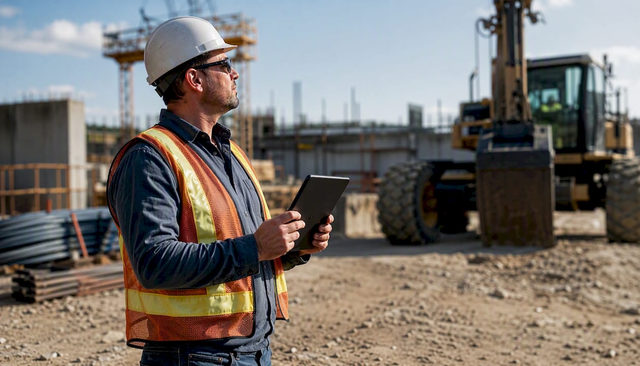 Foreman managing construction site with tablet
