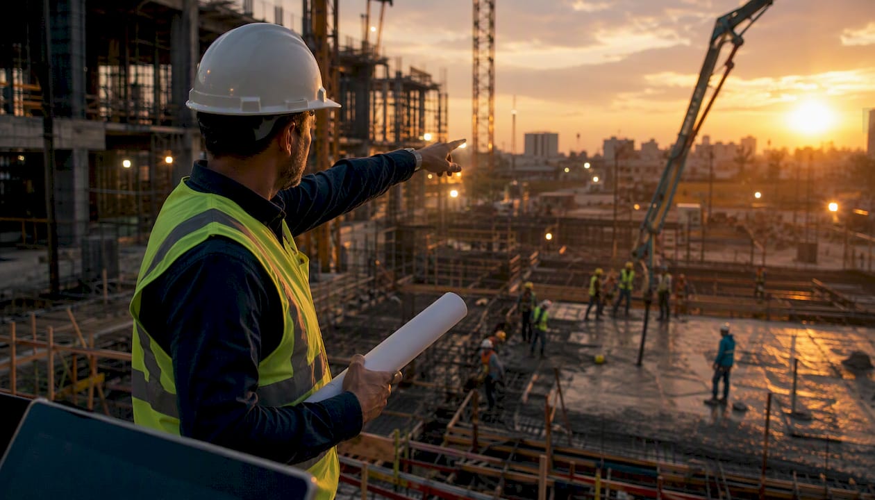 Construction manager with blueprint at job site