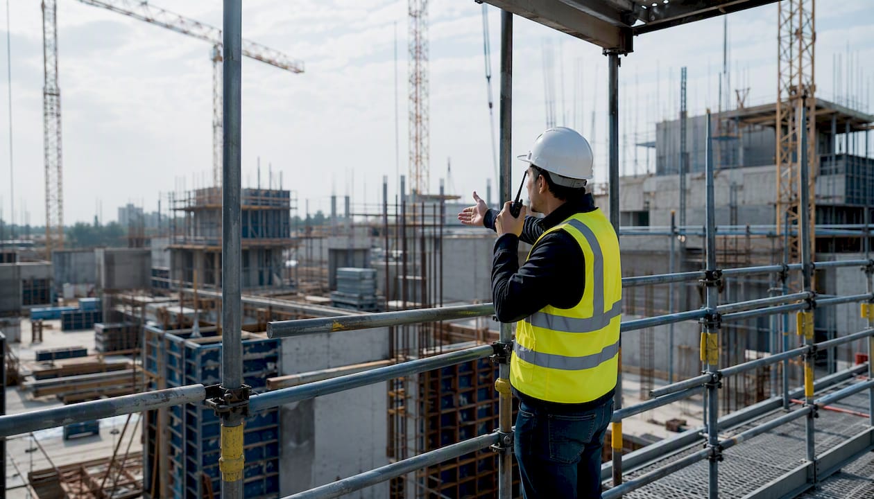 Foreman communicating on radio at construction site