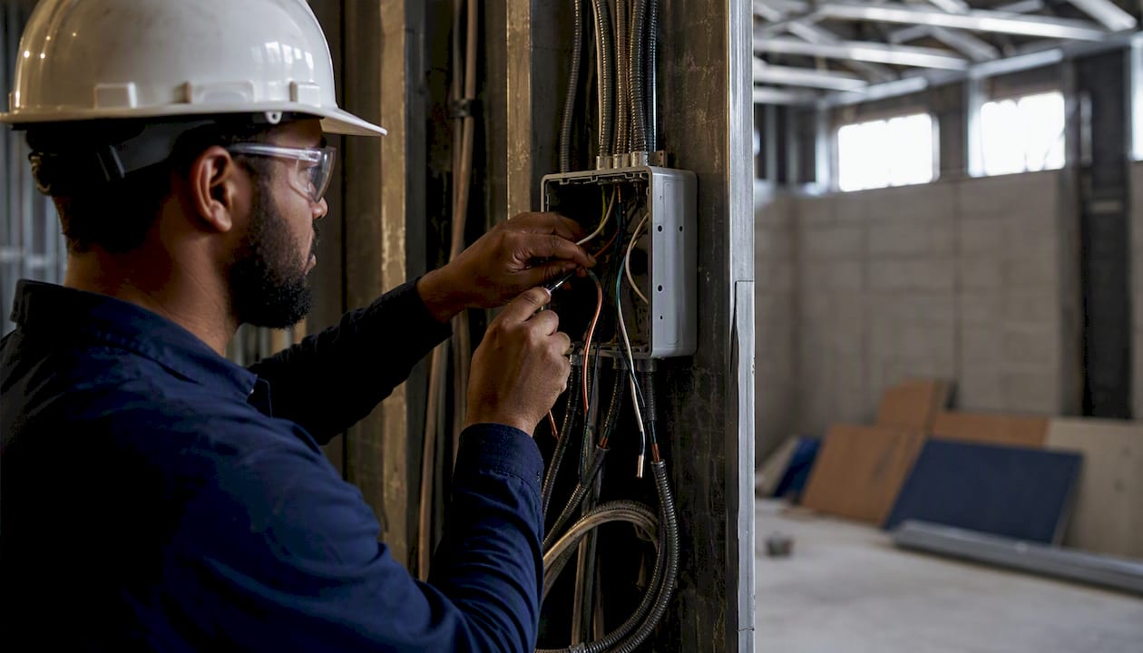 Engineer hands wiring electrical box close-up