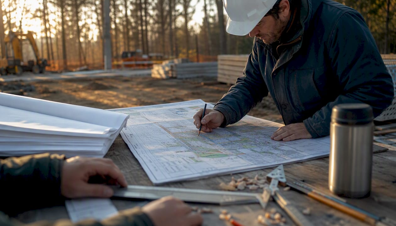Foreman's hands marking site map on construction desk