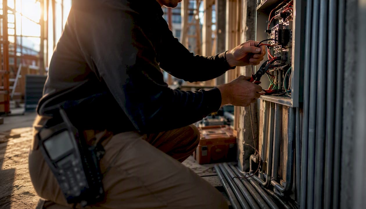 Technician wiring electrical panel on site