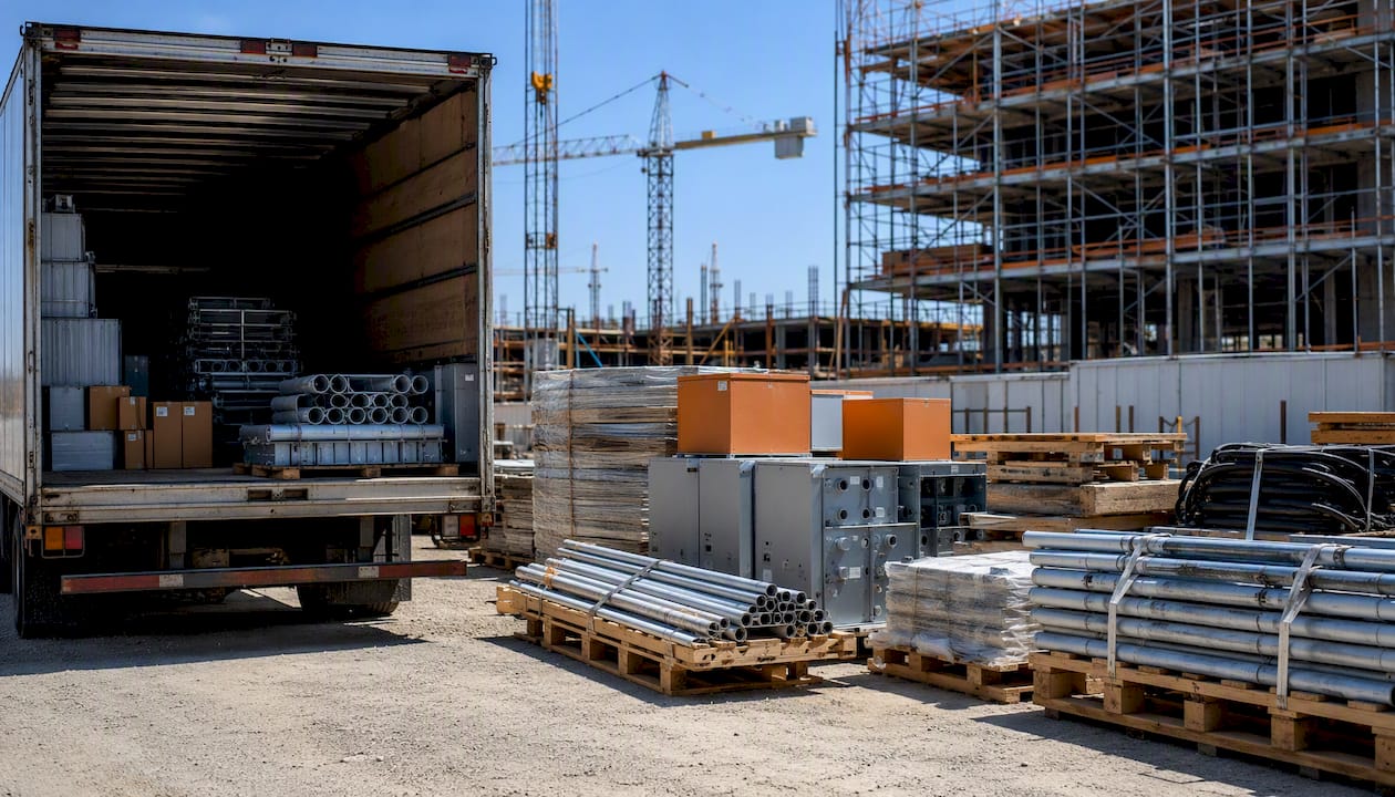 MEP prefab materials staged at construction site