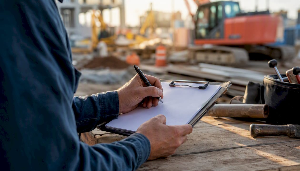 Hands noting performance measures on clipboard