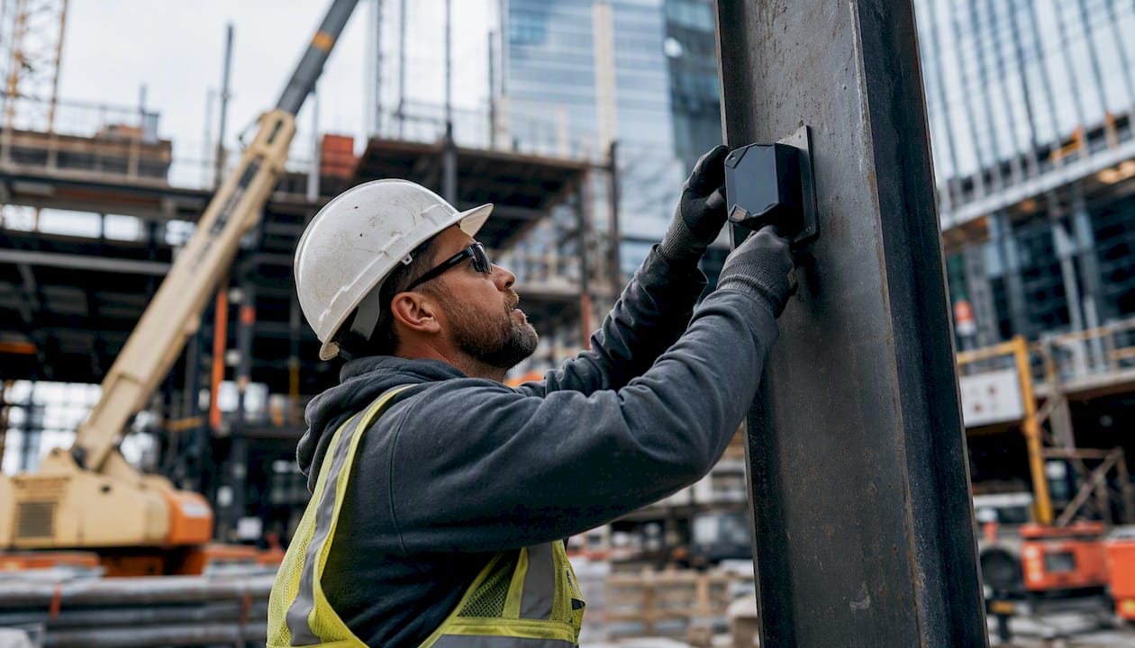 Foreman installing data sensor on construction site