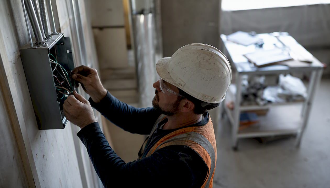 Hands wiring electrical junction box on site