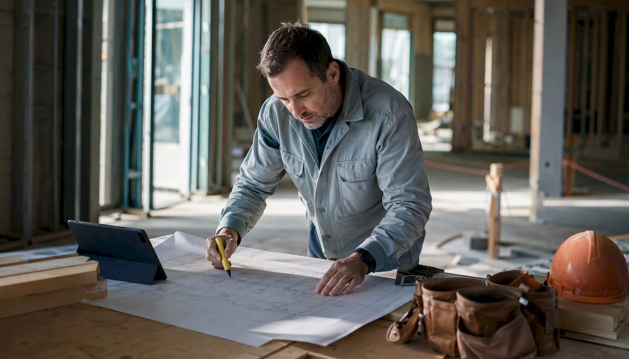 Project manager reviewing site plan onsite