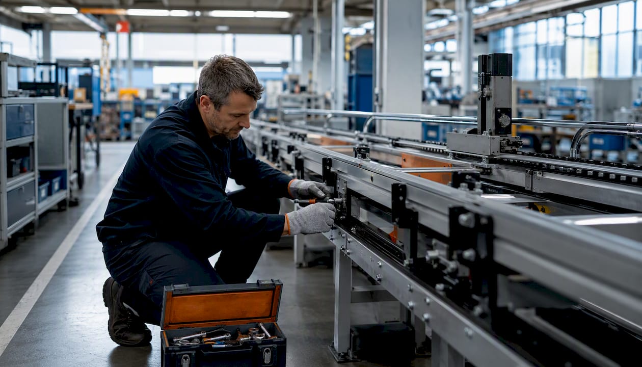 Technician adjusting conveyor in automotive plant