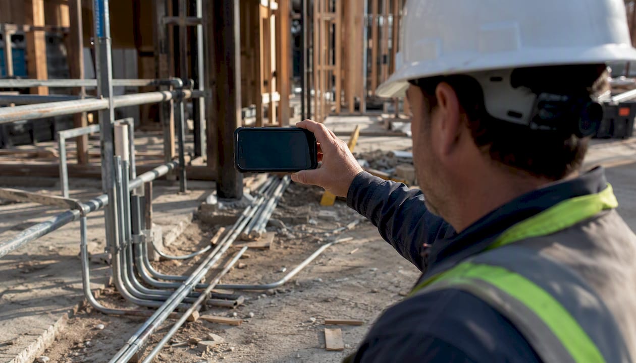 Foreman using mobile device on construction site