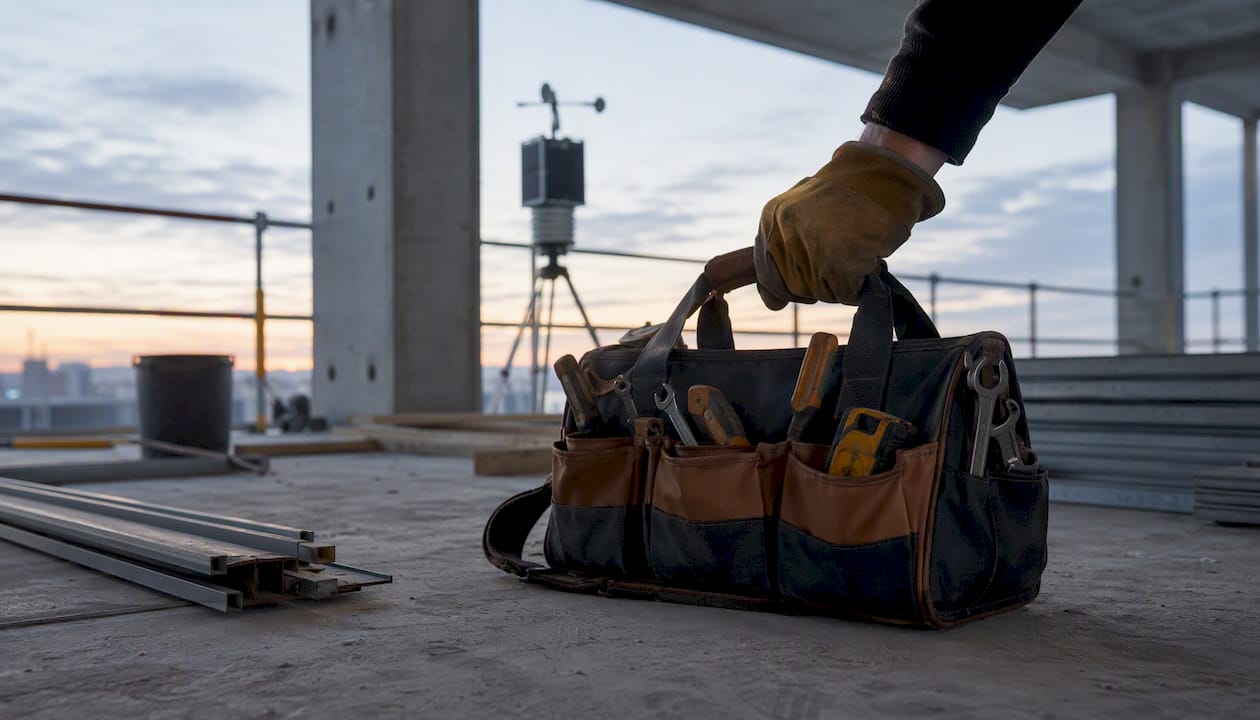 Hand placing tool bag on construction floor