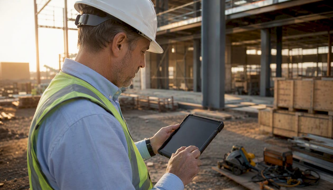 Manager recording asset inventory on site