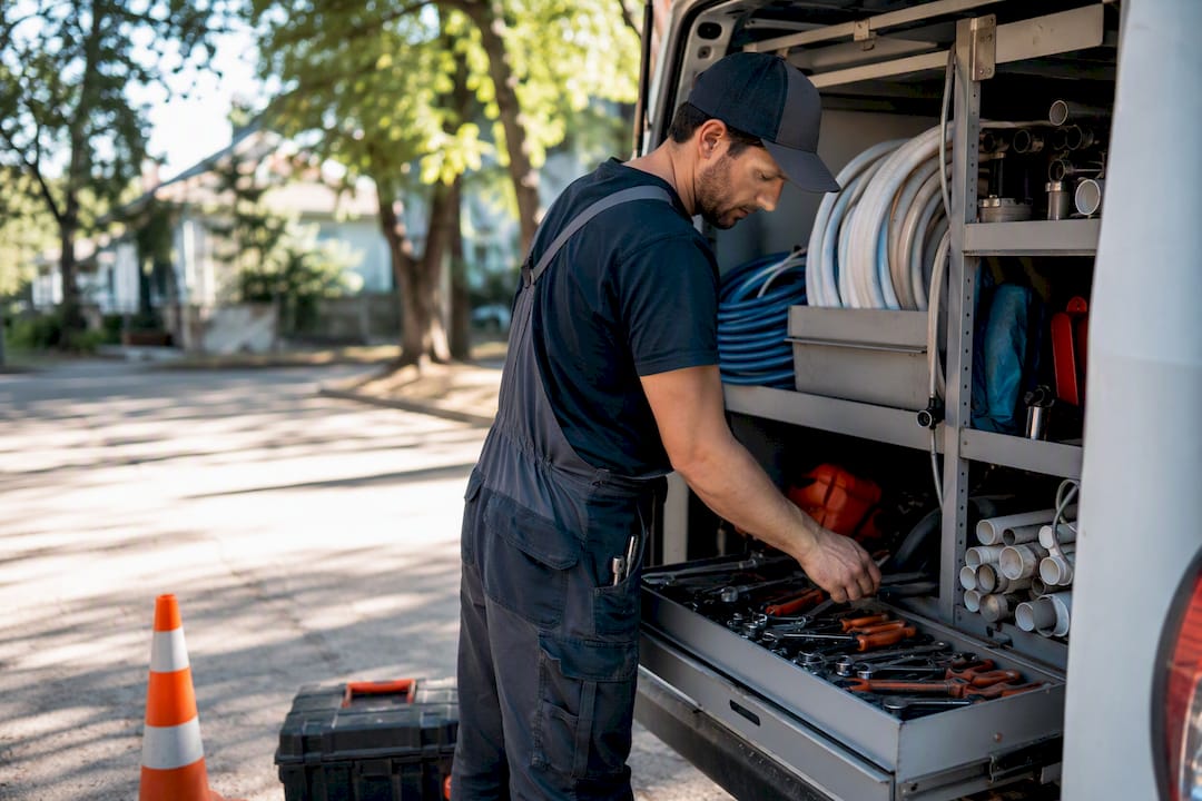 Plumbing tools in service van at dawn