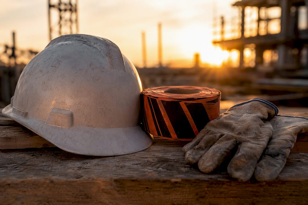 Safety helmet and caution tape close-up