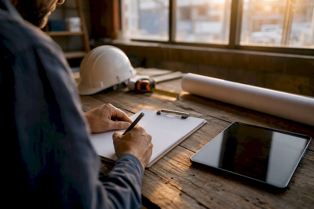 Hands writing next to powered-off tablet on construction table